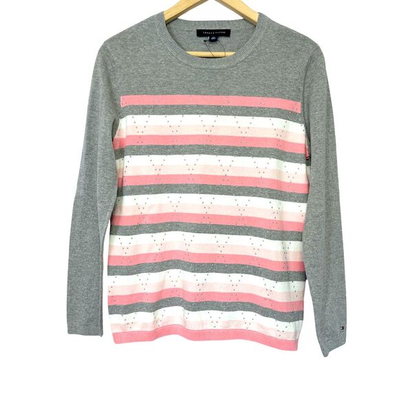 Tommy Hilfiger Sweater Womens S Baby Pink Gray Argyle Striped Light Academia - Picture 1 of 9